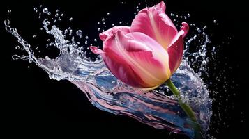 ai generado un rosado tulipán es salpicaduras agua en el aire foto