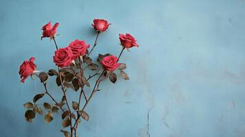 ai generado rojo rosas en contra un azul pared foto