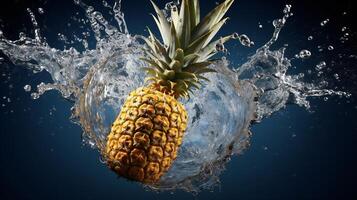 AI generated a pineapple is splashing water on a black background photo