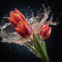 ai generado un rosado tulipán es salpicaduras agua en el aire foto