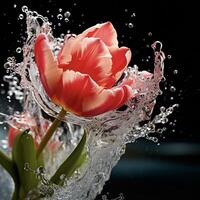 AI generated a pink tulip is splashing water in the air photo