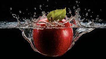 ai generado un manzana es salpicaduras en agua foto