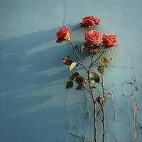 ai generado rojo rosas en contra un azul pared foto