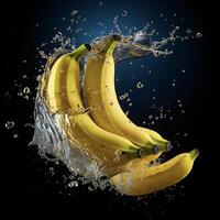 ai generado bananas son siendo salpicado con agua en un negro antecedentes foto