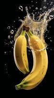 ai generado bananas son siendo salpicado con agua en un negro antecedentes foto