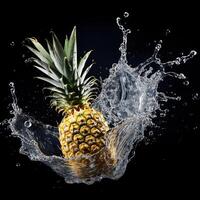 AI generated a pineapple is splashing water on a black background photo