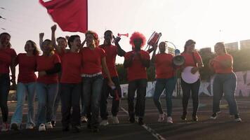 Female football fans exulting while watching a soccer game at the stadium - Women with painted face and megaphone encouraging their team - Sport entertainment concept video