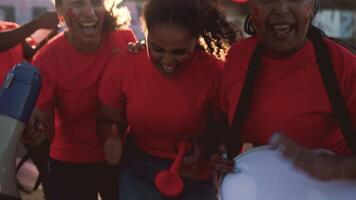 femmina calcio fan esultante mentre Guardando un' calcio gioco a il stadio - donne con dipinto viso e megafono incoraggiando loro squadra - sport divertimento concetto video