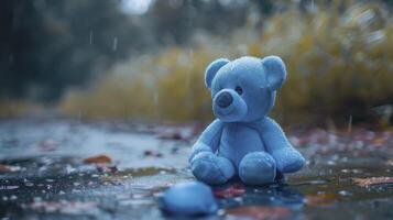 AI generated Blue toy alone in a Rainy Day photo