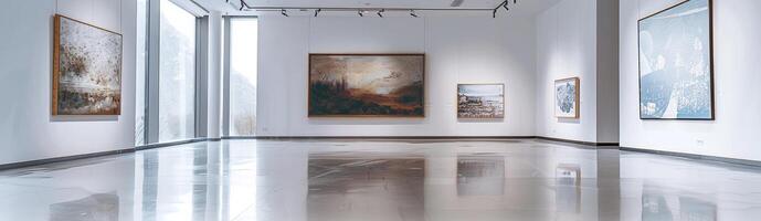 AI generated Elegance in Simplicity, Art Gallery adorned with Beautiful Paintings against Minimalist White Walls photo