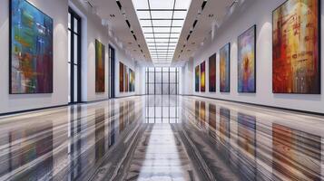 AI generated Elegance in Simplicity, Art Gallery adorned with Beautiful Paintings against Minimalist White Walls photo