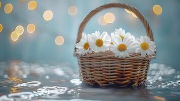 AI generated Wicker Basket Overflowing with Fresh Spring Daisies, Offering Ample Copy Space photo