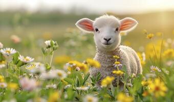 ai generado adorable Pascua de Resurrección Cordero con flores, Perfecto Copiar espacio foto