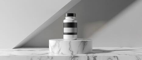 AI generated White Supplement Bottle with a Black Label on a Luxurious Marble Pedestal Surface photo