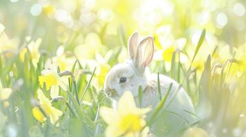 AI generated One rabbit in a daffodils field in a bokeh background photo