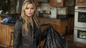 AI generated Close-up of Woman Removing Garbage Bag from Trash Bin in Kitchen photo