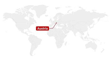 Animation of Austria country map on the world map. Animation of map zoom in with border and marking of major cities and capital of the country Austria. Motion design video