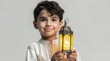 AI generated A child holding a lamp isolated on white background photo