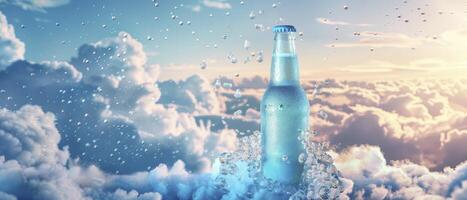 AI generated A Glass Beer Bottle and a Clear Drink Bottle Filled with Light, Bright Blue Soft Drink Liquid photo