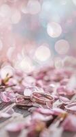 AI generated Two ring in cherry blossom on wooden table bokeh background photo