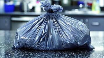 AI generated Close-up of Woman Removing Garbage Bag from Trash Bin in Kitchen photo