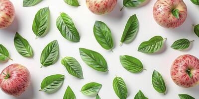 AI generated Top View, Flat Lay Fruit Pattern of Apples with Leaves photo