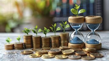 AI generated Counting Financial or Investment Time, Hourglass or Sandglass Alongside a Stack of Coins on a Wooden Table photo