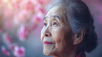 AI generated Elderly Lady Enjoying Her Beautiful Flower Garden, with Ample Copy Space photo