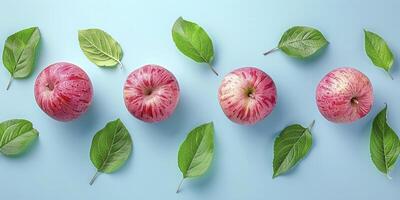 AI generated Top View, Flat Lay Fruit Pattern of Apples with Leaves photo