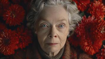 AI generated Elderly Lady Enjoying Her Beautiful Flower Garden, with Ample Copy Space photo