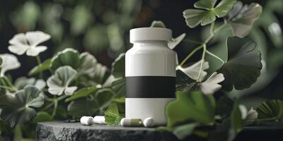 AI generated Blank Supplement Bottle Mockup with a Leaf Background photo