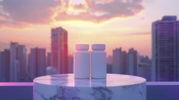 AI generated White Supplement Pill Bottles Against a City Skyline photo