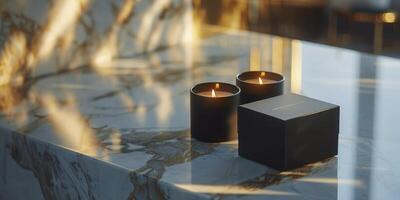 AI generated Modern Luxury Branded Candle Set. Commercial Ad Featuring Candles and Black Box Against a White Marble Background with Gold Textures photo