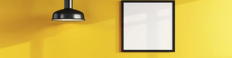 AI generated Gallery Inspiration, Blank Picture Frame on Vibrant Yellow Wall with Hanging Lamp. Perfect Photo Frame or Poster Template Mockup