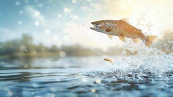 AI generated Trout jumping out from the water. Fishing concept photo