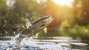 AI generated Trout jumping out from the water. Fishing concept photo