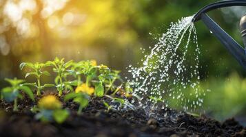 ai generado riego un joven planta con un riego lata en suelo en contra un fondo de lozano verde naturaleza. foto