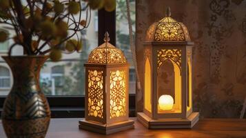 AI generated Islamic art of wooden tiki lantern gifts. photo