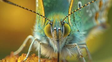 ai generado de cerca maravilla, macro fotografía revelador el Exquisito detalles de un verde racha de cabello mariposa en contra un natural bosque fondo foto