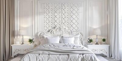 ai generado contemporáneo elegancia, lujoso blanco dormitorio adornado con moderno pared decoración foto