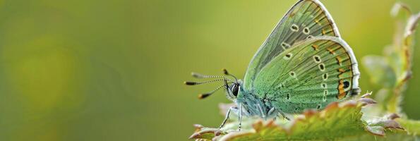 AI generated Close-up Marvel, Macro Photography Revealing the Exquisite Details of a Green Hairstreak Butterfly Against a Natural Forest Backdrop photo