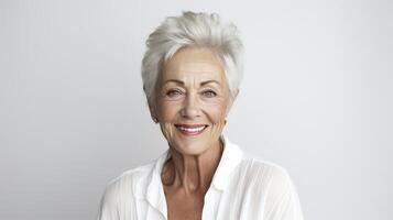 AI generated Elegance in Age, Older Woman Radiating Grace Against a Clean White Background photo