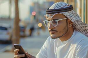 AI generated An arabian man is using smartphone for seeing eid ul fitr shopping offer photo