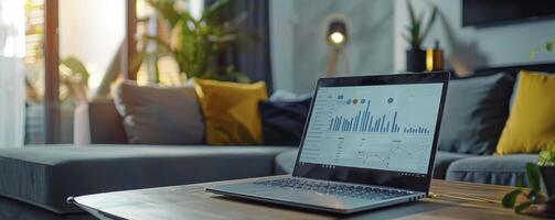 ai generado eficiente trabajo ambiente, ordenador portátil metido en un vivo habitación ajuste con datos visualización muestra foto