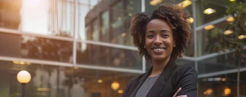 AI generated Confident Professionalism, Businesswoman Standing Outside an Office Building, Ready to Take on the Day photo