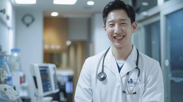 ai generado profesional excelencia, hermoso 30 años coreano médico vistiendo un sonrisa y estetoscopio, en pie en un médico oficina a el hospital en medio de médico equipo foto