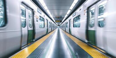 ai generado bala tren estación, hacer un de aspecto futurista tren estación en un japonés ciudad, dónde pulcro bala trenes llegar y salir en medio de un fondo de imponente rascacielos y bullicioso . foto