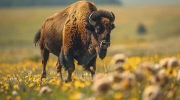 ai generado macro ver de bisonte corriendo en el primavera flores campo. foto