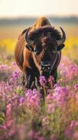 ai generado macro ver de bisonte corriendo en el primavera flores campo. foto