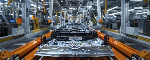 AI generated Powering the Future, EV Battery Module on an Automotive Production Line, Exemplifying Technological Advancement in Electric Vehicle Manufacturing photo